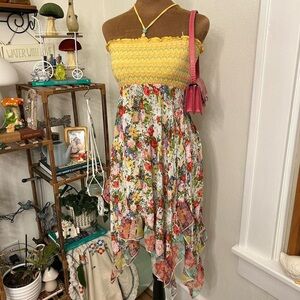 Yellow Multicolor Floral Asymmetrical Hem Halter Neck Dress by American Rag Cie